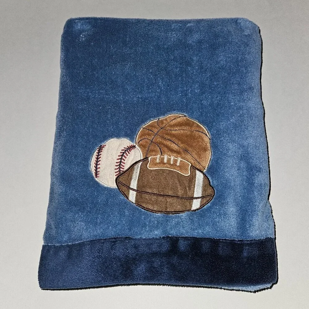 Nojo Blue Fleece Baby Blanket Sports Ball Basketball Football Baseball 30x40